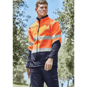 A unisex hi-vis softshell jacket in bright orange and navy, featuring reflective stripes and a logo on the chest.