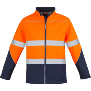A unisex hi-vis softshell jacket in bright orange with navy accents and reflective stripes. Includes a logo.