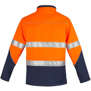 A unisex hi-vis softshell jacket in bright orange with reflective stripes and navy blue accents.