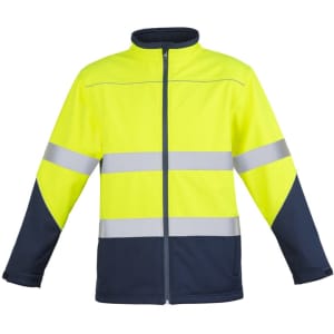 A unisex hi vis softshell jacket in bright yellow with navy blue sleeves and reflective stripes. It features a logo.