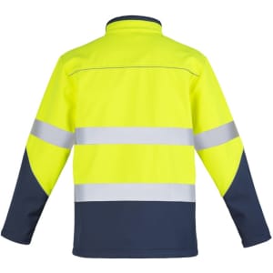 A bright yellow and navy unisex hi-vis softshell jacket featuring reflective stripes and a logo.