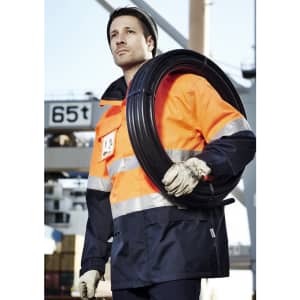 A man wearing an orange and navy waterproof jacket holds a coil of wire, showcasing a high-visibility workwear design.
