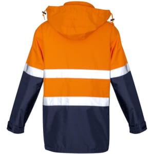 Hi-vis ultralite waterproof jacket in orange and navy with reflective stripes. Features a hood and is designed for workwear.