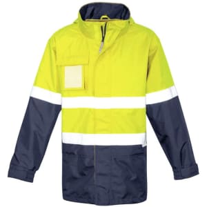 A men's hi-vis ultralite waterproof jacket featuring fluorescent yellow and navy blue colours with reflective stripes and a pocket.