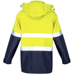 A waterproof jacket in bright yellow and navy, featuring reflective strips and a hood, with a logo displayed.
