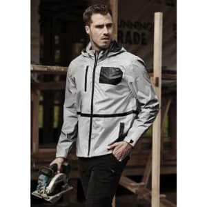 A reflective grey waterproof jacket with a black pocket, worn by a male model, showcasing a stylish and functional design.