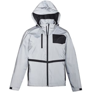 A reflective waterproof jacket in silver with black accents and a pocket, featuring a hood and zip closure.
