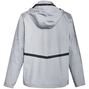 A grey unisex reflective waterproof jacket with a hood and black detailing on the back. Features a logo.
