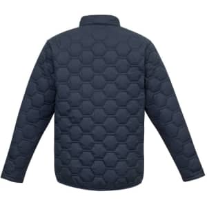 A dark navy unisex hexagonal puffer jacket, featuring a quilted hexagonal pattern on the back and long sleeves.