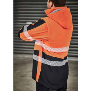 A unisex softshell jacket featuring bright orange and black colours, with reflective stripes and a hood.
