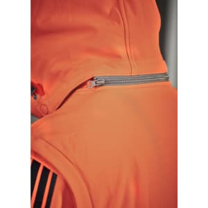 An orange unisex softshell jacket with a zipper and hood, featuring black stripes and a logo.
