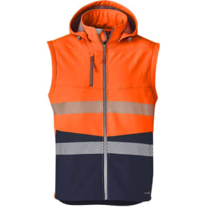 Unisex orange and navy softshell jacket with a hood and reflective strips, featuring a logo on the front.