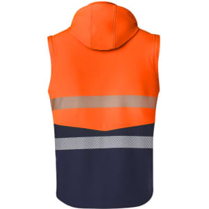 Unisex softshell jacket in bright orange and navy, featuring reflective stripes and a hood. Includes branding.