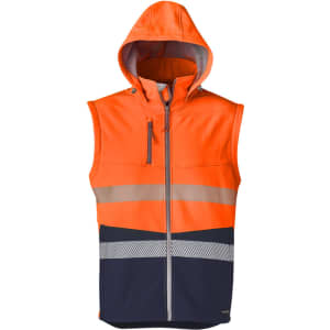 A bright orange and navy unisex softshell jacket with a zip and reflective stripes, featuring a hood.