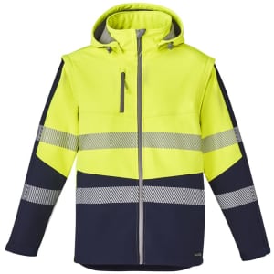 A unisex 2-in-1 stretch softshell jacket featuring a bright yellow and navy design, with reflective stripes and a hood.