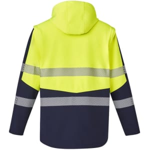 A unisex softshell jacket in high visibility yellow and navy, featuring reflective stripes and a hood.