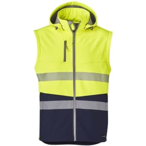 A bright yellow and navy unisex softshell jacket with a hood, featuring reflective stripes and a zippered front.