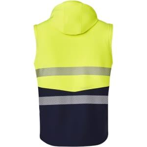 A high-visibility unisex softshell jacket in yellow and navy, featuring reflective stripes and a hood.