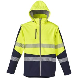 A bright yellow and navy unisex softshell jacket with reflective stripes and a hood. It features a zipper and a chest pocket.