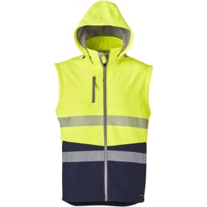 A unisex two-in-one stretch softshell jacket in bright yellow with navy stripes and a hood, featuring a logo.