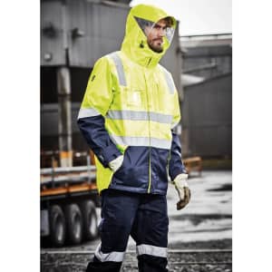 A hi-vis waterproof jacket in bright yellow and navy, featuring reflective strips and a hood. The model wears gloves.