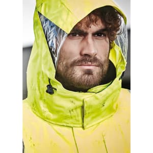 A waterproof jacket in bright yellow with an adjustable hood and clear panel, featuring a rugged design.