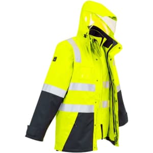 A hi-vis waterproof jacket in bright yellow and grey, featuring reflective stripes and a detachable hood.
