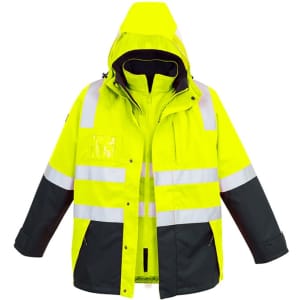 A waterproof jacket in bright yellow with grey accents and reflective stripes, featuring a hood and multiple pockets.