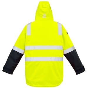 A bright yellow and black waterproof jacket with reflective strips, featuring a hood and long sleeves.