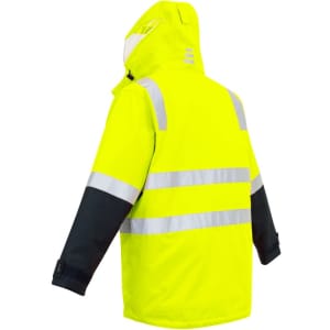 A high visibility yellow and black waterproof jacket with reflective stripes and an adjustable hood. Features a logo.