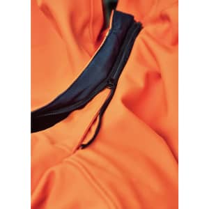 An orange Antarctic softshell jacket featuring a black zip and smooth fabric texture. Includes a logo detail.