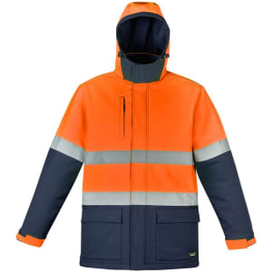 A unisex softshell jacket in orange and navy, featuring reflective stripes and a hood. Includes a logo on the garment.