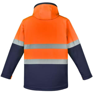 A unisex hi-vis softshell jacket in orange and navy, featuring reflective stripes and a hood. Contains a logo.
