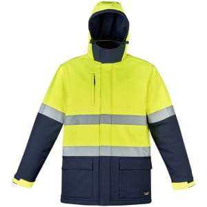 A unisex high visibility softshell jacket in bright yellow and navy, featuring reflective stripes and a hood.