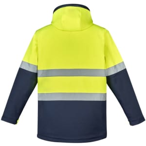 A unisex hi-vis Antarctic softshell jacket in bright yellow and navy, featuring reflective strips and a hood.