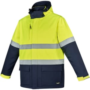 A unisex hi-vis Antarctic softshell jacket featuring bright yellow and navy blue colours, with a logo on it.