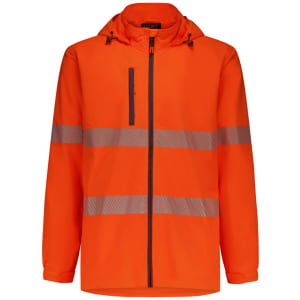 An orange packable rain jacket featuring reflective stripes and a hood. It includes a zippered front pocket.
