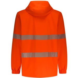 An orange packable rain jacket featuring reflective segments and a hood, with long sleeves and a logo.