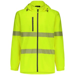 A bright yellow rain jacket with reflective stripes and a hood, featuring a zippered front and pockets.