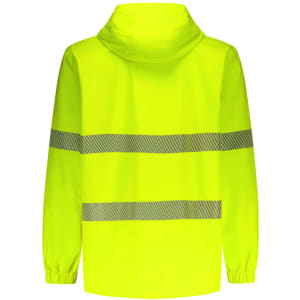 A packable rain jacket in bright yellow with reflective stripes and a hood, featuring a logo.