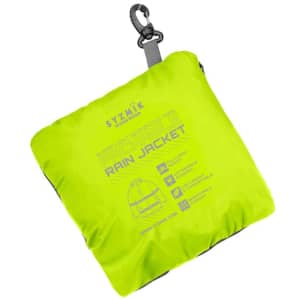 A packable rain jacket in bright yellow, featuring a logo and a clip for easy attachment.