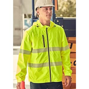 A bright yellow packable rain jacket with reflective stripes, featuring a zip front and a hood, worn by a model.