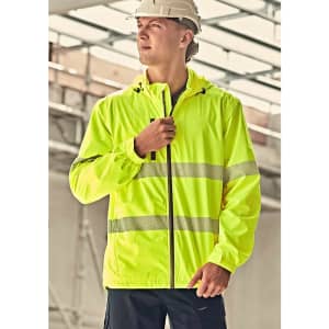 A bright yellow unisex packable rain jacket with reflective stripes, featuring a hood and a zipper.