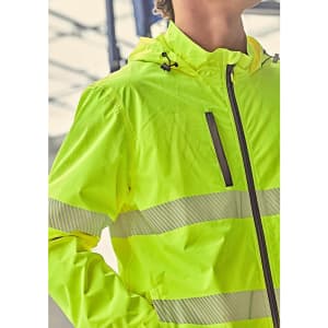 A bright yellow unisex packable rain jacket featuring reflective strips and a hood, with a black zip and pocket.