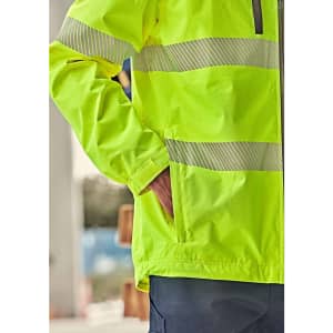 A bright yellow rain jacket with grey reflective stripes, featuring a zip pocket and an adjustable fit.