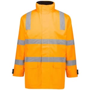 A waterproof unisex jacket in bright orange with reflective silver stripes and a high collar. It has two front pockets and a branding logo.
