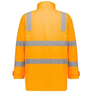 A waterproof jacket in bright orange with reflective strips, featuring a logo on the back. Suitable for visibility.