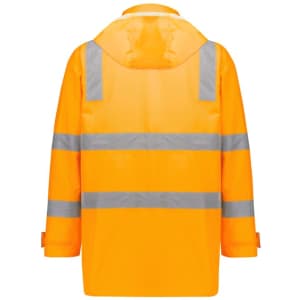 A waterproof, unisex hi-vis jacket in bright orange with reflective stripes and a hood. Features a logo.