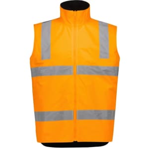 A bright orange waterproof jacket featuring reflective stripes, designed for visibility and safety in workwear.