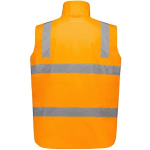 A bright orange waterproof jacket with reflective stripes, featuring a high-visibility design and no front details.